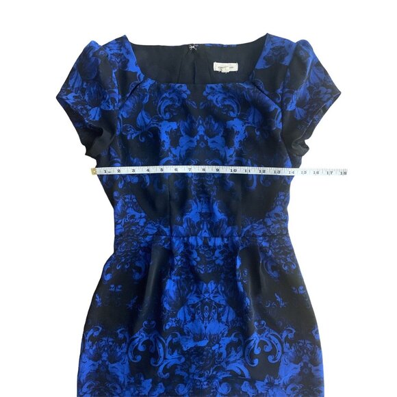 Silence + Noise Blue & Black Damask Pattern Cap Sleeve Dress Side Zipper Size 2 - Picture 6 of 11